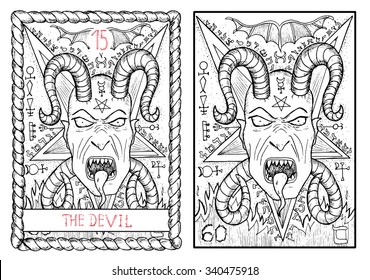 The devil.  The major arcana tarot card, vintage hand drawn engraved illustration with mystic symbols. Scary demon face with horns and fangs against pentagram background. Halloween image