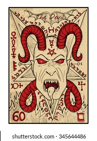 The devil.  The major arcana tarot card in color, vintage hand drawn engraved illustration with mystic symbols. Scary demon face with horns and fangs against pentagram background. Halloween image