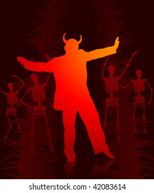 devil man dancing with skeletons in the background