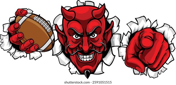 A devil man holding American football ball, breaking through the background and pointing sports team mascot illustration.