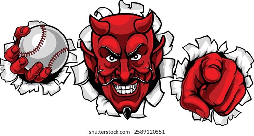 A devil man holding baseball ball and breaking through the background pointing sports team mascot illustration.