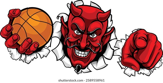 A devil man holding basketball ball, breaking through the background and pointing sports team mascot illustration.