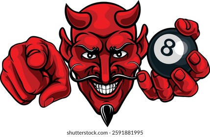 A devil man holding billiards pool 8 black ball and pointing sports team mascot illustration.