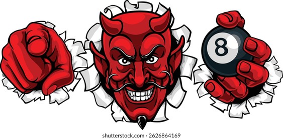 A devil man holding billiards pool 8 black ball, breaking through the background and pointing sports team mascot illustration.