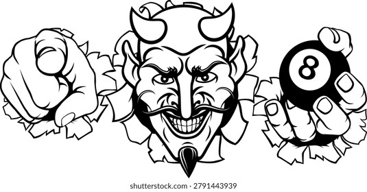 A devil man holding billiards pool 8 black ball, breaking through the background and pointing sports team mascot illustration.