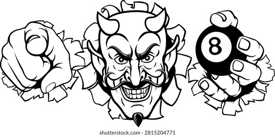 A devil man holding billiards pool 8 black ball, breaking through the background and pointing sports team mascot illustration.