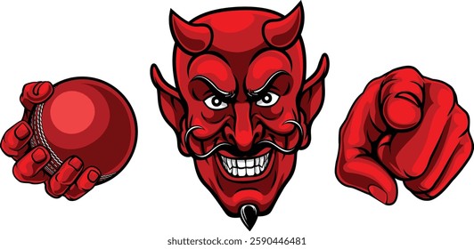 A devil man holding cricket ball and pointing sports team mascot illustration.