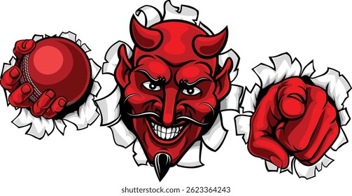 A devil man holding cricket ball, breaking through the background and pointing sports team mascot illustration.