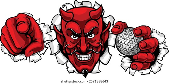 A devil man holding golf ball, breaking through the background and pointing sports team mascot illustration.