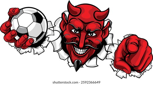 A devil man holding soccer football ball, breaking through the background and pointing sports team mascot illustration.