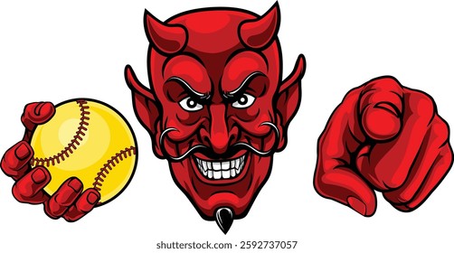 A devil man holding softball ball and pointing sports team mascot illustration.