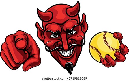Un hombre del diablo que sostiene el softball y que señala la ilustración de la mascota del equipo de deportes.