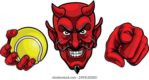 A devil man holding tennis ball and pointing sports team mascot illustration.