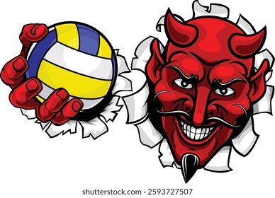 A devil man holding volleyball ball, breaking through the background sports team mascot illustration.