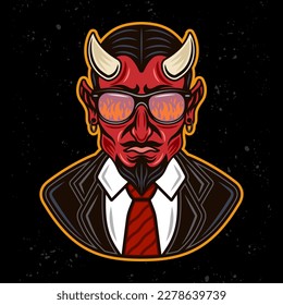 Devil man in suit character colorful vector illustration in cartoon style isolated on dark background