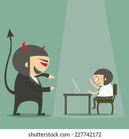 Devil manager overseeing businessman working on computer at the office