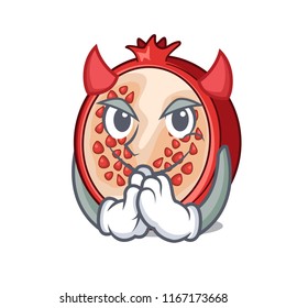 Devil mascot half of fresh pomegranate fruits