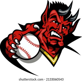 devil mascot holding baseball for school, college or league