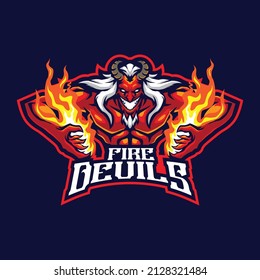 Devil mascot logo design vector with concept style for badge, emblem and t shirt printing. Angry devil illustration with fire in hand.