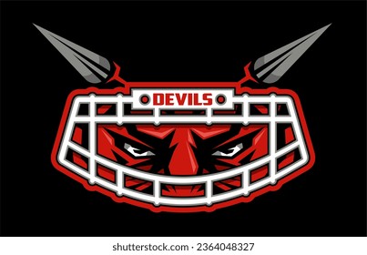 devil mascot wearing football facemask and horns for school, college or league sports