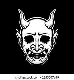 Máscara malvada arte Ilustración vector blanco y negro dibujado a mano para tatuajes, pegatinas, logotipo, etc