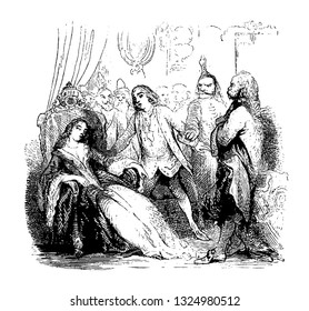 The devil in mask had came to take a lady who had given himself to him and all eyes are paused on mistress of house, vintage engraved line art illustration. Infernal Dictionary 1863.