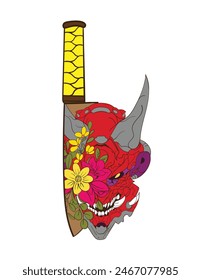 devil mask illustration design for sukajan is mean japan traditional cloth or t-shirt with digital hand drawn Embroidery Men T-shirts Summer Casual Short Sleeve Hip Hop T Shirt Streetwear