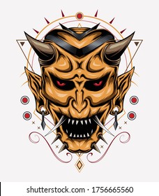 Devil mask illustration with sacred symbol. Japanese ghost