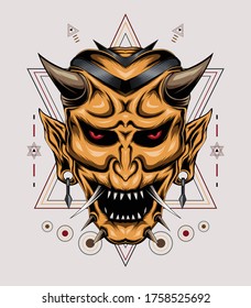 Devil mask illustration with sacred symbol. Japanese ghost