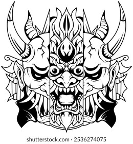 Arte de línea de diseño de logotipo de mascota de máscara de diablo