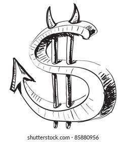 Devil money dollar icon. Hand drawing cartoon sketch 