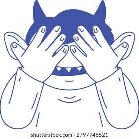 Devil monster covering eyes doodle illustration