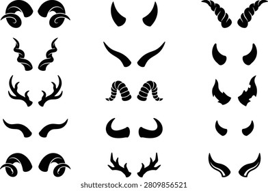 Devil and monster horns silhouette collection for animal headgear and costume design templates.