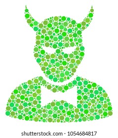 Devil mosaic of dots in various sizes and green color tones. Vector round elements are combined into devil composition. Organic vector illustration.