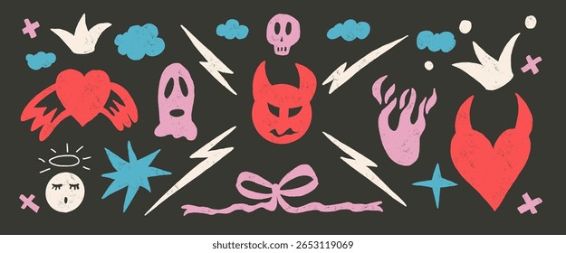 Devil multicores doodles conjunto. Demônio e anjos cera crayon desenhado fundo. Rabiscar elementos de amor grunge. Corações, arcos, nuvens e esboços. Ilustração ingênua de vetor por lápis ou giz.