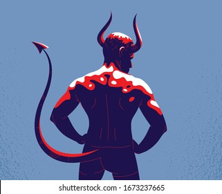 Devil Muscular Strong Man With Horns And Tail From Back View Vector Illustration, Powerful Demon, The Evil Is Strong, Animal Part Of Human Nature, Inner Beast.