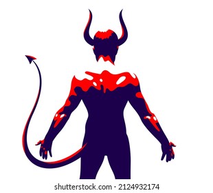 Devil muscular strong man with horns and tail from back view vector illustration, powerful demon, the evil is strong, animal part of human nature, inner beast.