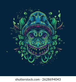 devil mushroom with leaf ackground artwork illustration