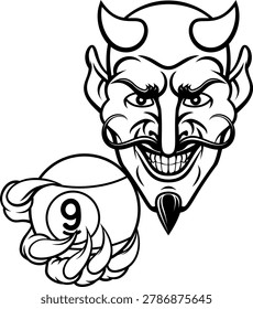 Devil nine ball pool billiards sports mascot holding a 9 ball cartoon illustration