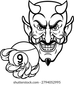Devil nine ball pool billiards sports mascot holding a 9 ball cartoon illustration