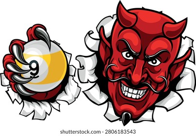 Devil nine ball pool billiards sports mascot holding a 9 ball cartoon illustration