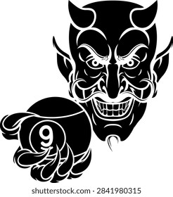 Devil nine ball pool billiards sports mascot holding a 9 ball cartoon illustration