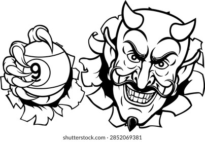 Devil nine ball pool billiards sports mascot holding a 9 ball cartoon illustration