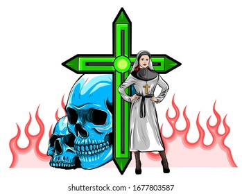 Devil nun with skull evil. Halloween concept. Flat design vector