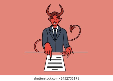 El diablo se ofrece a firmar un contrato de negocios sobre la mesa para vender alma a satanás. Concepto de mala propuesta comercial y contrato no lucrativo por realizar trabajo que viola la ley