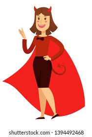 Devil office worker woman with horns and tail in red cloak businesswoman vector isolated female character girl in skirt and shirt evil side sin hell monster Satan or demon bad decision entrepreneur