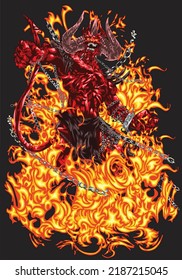 devil on fire isolated on black background for poster, t-shirt print, business element, social media content, blog, sticker, vlog, and card. vector illustration.