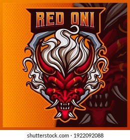 Devil Oni mascot esport logo design illustrations vector template, Samurai logo for team game streamer youtuber banner twitch discord