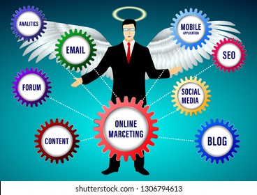 Devil Online Digital Marketing banner. Businessman in the form of a angel with wings and nimbus. Color the gears with labels on a city bacground.  Vector Illustration