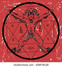 Devil with pentagram in circle on red textured background. Sketch illustration with mystic, hell and occult hand drawn symbols. Halloween and esoteric concept, evil emblem